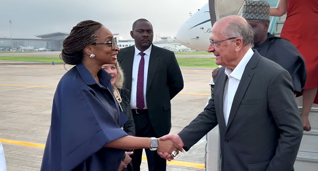 Minister of Industry, Trade, and Investment, Dr Jumoke Oduwole receiving the Vice president of Brazil, Geraldo Alckmin, on arrival to the country