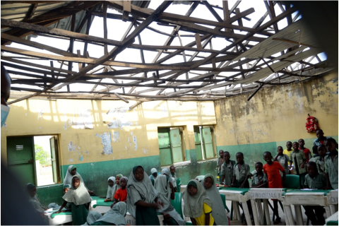 Students inside a classroom with a shattered roof and seemingly unsafe building at Dei-dei LEA Pry School in FCT.