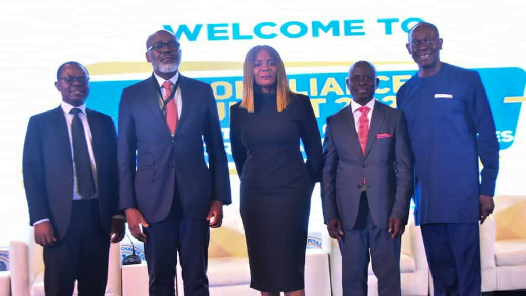 From left: Capital Issues & Accounts at Wema Asset Management Limited, Olalekan Olorunkunle, President, Fund Managers Association of Nigeria (FMAN).Aigbovbioise Aig-Imoukhuede, Executive Commissioner, Legal & Enforcement · Securities and Exchange Commission, Nigeria(SEC), Frana Chukwuogor, Chairman, Securities Dealing Houses of Nigeria Association(ASHON), and Mr Sehinde Adenagbe at the Compliance Summit 2025. Tagged Innovation and compliance balancing risks and opportunities organised by the Nigerian Capital Market Institute and SEC in Lagos, Monday