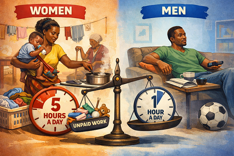 Women devote five times more hours than men to unpaid domestic and care work